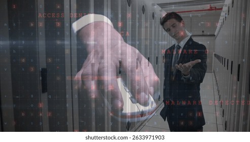 Image of data processing over businessman and computer servers. Global business connections digital interface and technology concept digitally generated image.