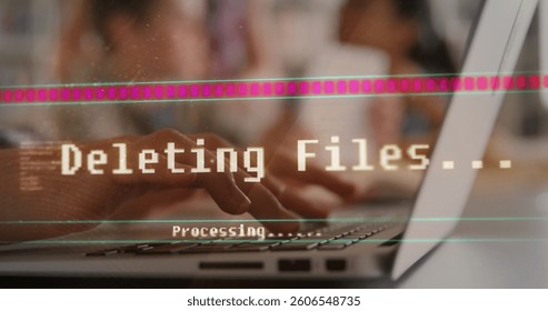 Image of data processing over businesswoman in office. communication technology, data sharing and digital interface concept digitally generated image.