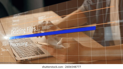 Image of data processing over businesswoman in office. communication technology, data sharing and digital interface concept digitally generated image.