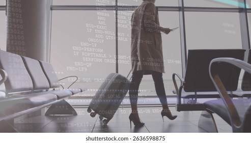 Image of data processing over businesswoman with tablet at airport. Global business connections digital interface and technology concept digitally generated image.