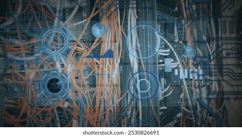 Image of data processing over cables of computer server. global connections, data processing and computing concept digitally generated image.