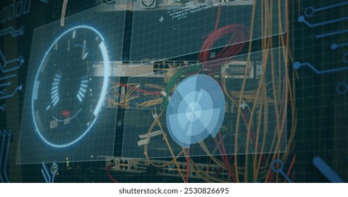 Image of data processing over cables of computer server. global connections, data processing and computing concept digitally generated image.