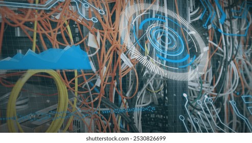 Image of data processing over cables of computer server. global connections, data processing and computing concept digitally generated image.