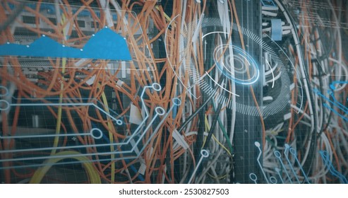 Image of data processing over cables of computer server. global connections, data processing and computing concept digitally generated image.