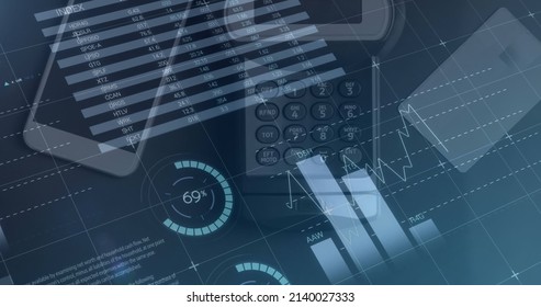 Image of data processing over calculator. global business, finances, connections and digital interface concept digitally generated image.