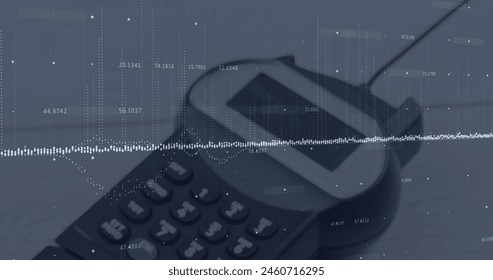 Image of data processing over calculator. global business and digital interface concept digitally generated image.