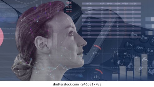 Image of data processing over calculator and caucasian woman. Global business and digital interface concept digitally generated image.