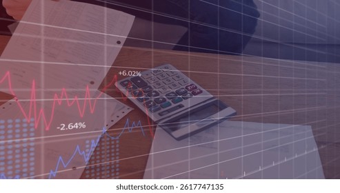 Image of data processing over calculator. global business and digital interface concept digitally generated image. - Powered by Shutterstock - Get 15% off with code: PIKWIZARD15