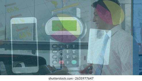 Image of data processing over calculator and caucasian businessman smiling. Global business and digital interface concept digitally generated image. - Powered by Shutterstock - Get 15% off with code: PIKWIZARD15