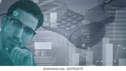 Image of data processing over calculator and caucasian man. Global business and digital interface concept digitally generated image. - Powered by Shutterstock - Get 15% off with code: PIKWIZARD15