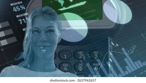 Image of data processing over calculator and caucasian woman. Global business and digital interface concept digitally generated image. - Powered by Shutterstock - Get 15% off with code: PIKWIZARD15