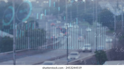 Image of data processing over cars on street. Global business, finances and digital interface concept digitally generated image.