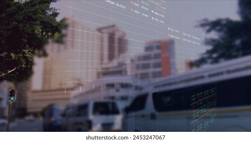 Image of data processing over cars on street. Global business, finances and digital interface concept digitally generated image.