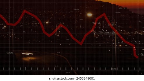 Image of data processing over cars on street. Global business, finances and digital interface concept digitally generated image.