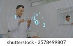 Image of data processing over caucasian male dentist using tablet. Global medicine, healthcare and digital interface concept digitally generated image.