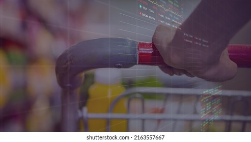 Image of data processing over caucasian woman with trolley in shop. global business, shopping and digital interface concept digitally generated image.