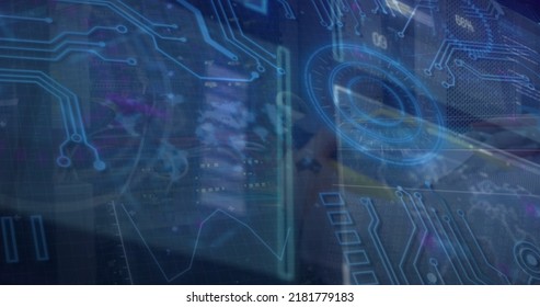 Image of data processing over caucasian worker in server room. Global business and digital interface concept digitally generated image.