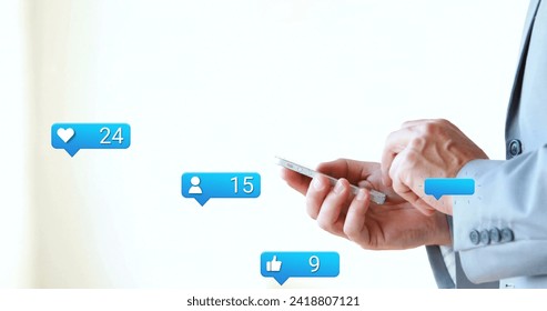 Image of data processing over caucasian businessman with smartphone in office. Global finance, business, connections, computing and data processing concept digitally generated image.