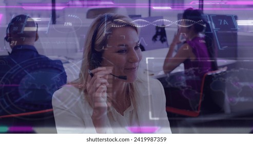Image of data processing over caucasian businesswoman working in office. Global business, finances, computing and data processing concept digitally generated image.