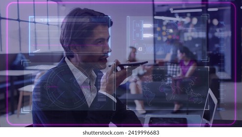 Image of data processing over caucasian businessman using smartphone in office. Global business, finances, computing and data processing concept digitally generated image.