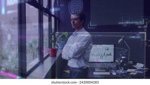 Image of data processing over caucasian businessman working in office. Global business, finances, computing and data processing concept digitally generated image.