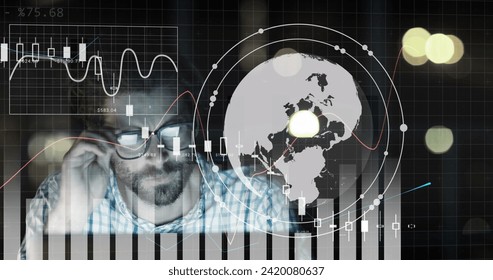 Image of data processing over caucasian businessman working in office. Global business, finances, computing and data processing concept digitally generated image.