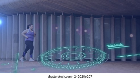 Image of data processing over caucasian woman running. Global networks, digital interface, computing and data processing concept digitally generated image. - Powered by Shutterstock - Get 15% off with code: PIKWIZARD15