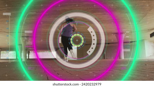 Image of data processing over caucasian woman running. Global networks, digital interface, computing and data processing concept digitally generated image.