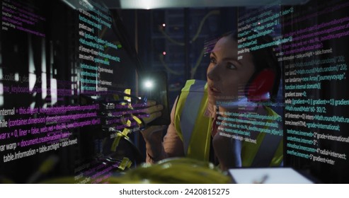 Image of data processing over caucasian woman working in server room. network, programming, computers and technology concept digitally generated image.