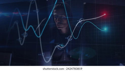 Image of data processing over caucasian male hacker. Global business and digital interface concept digitally generated image.