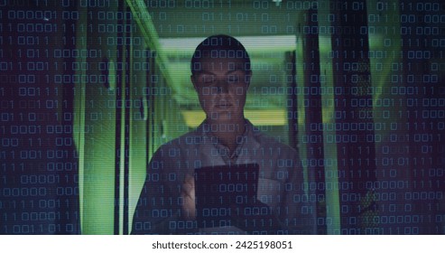 Image of data processing over caucasian female worker in server room. global technology and digital interface concept digitally generated image.