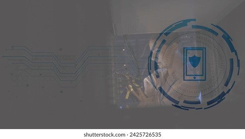 Image of data processing over caucasian female worker in server room. Global business and digital interface concept digitally generated image.