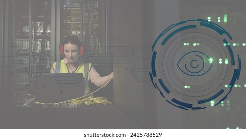 Image of data processing over caucasian female worker in server room. Global business and digital interface concept digitally generated image.
