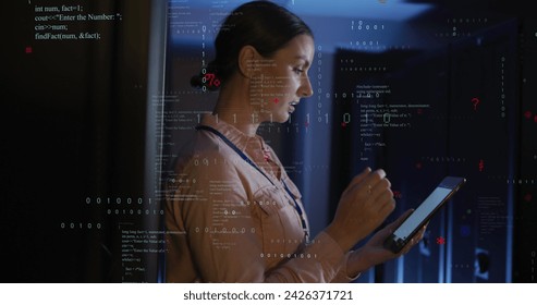 Image of data processing over caucasian female it engineer and computer servers. Global computing and data processing concept digitally generated image