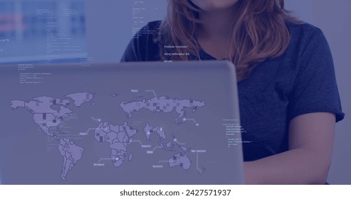 Image of data processing over caucasian businesswoman in office. Global business, digital interface, computing and data processing concept digitally generated image.