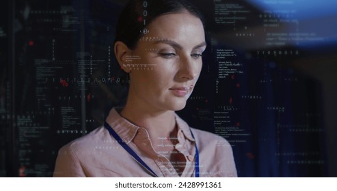 Image of data processing over caucasian female it engineer and computer servers. Global computing and data processing concept digitally generated image - Powered by Shutterstock - Get 15% off with code: PIKWIZARD15