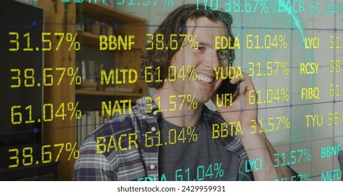 Image of data processing over caucasian man using smartphone. Global business, finances and digital interface concept digitally generated image.