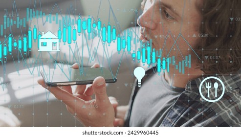 Image of data processing over caucasian man using smartphone. Global business, finances and digital interface concept digitally generated image.