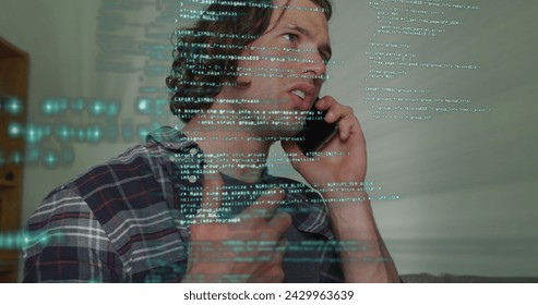 Image of data processing over caucasian man using smartphone. Global business, finances and digital interface concept digitally generated image.