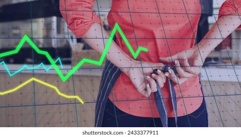 Image of data processing over caucasian female shop assistant tying apron. Global business and digital interface concept digitally generated image. - Powered by Shutterstock - Get 15% off with code: PIKWIZARD15