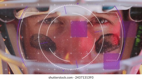 Image of data processing over caucasian american football player. Sports, competition, data processing and communication concept digitally generated image.