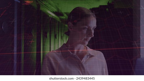 Image of data processing over caucasian female server room worker. Cloud computing concept concept digitally generated image.