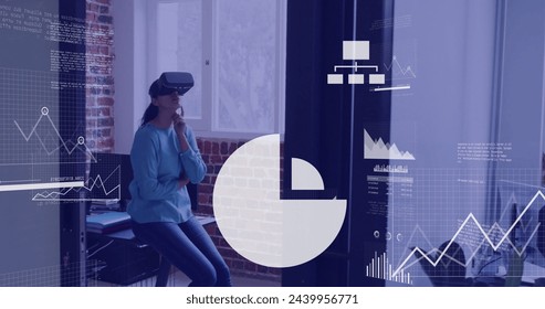 Image of data processing over caucasian businesswoman using vr headset. Global artificial intelligence, connections, computing and data processing concept digitally generated image.