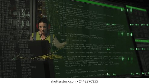Image of data processing over caucasian female it engineer with laptop checking computer servers. data processing, cloud computing concept and technology concept digitally generated image.