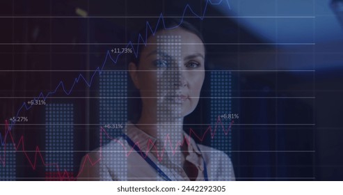 Image of data processing over caucasian female it engineer with tablet checking computer servers. data processing, cloud computing concept and technology concept digitally generated image.
