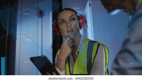 Image of data processing over caucasian female it engineer with tablet checking computer servers. data processing, cloud computing concept and technology concept digitally generated image. - Powered by Shutterstock - Get 15% off with code: PIKWIZARD15