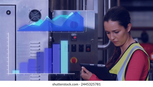 Image of data processing over caucasian female engineer using tablet. Global engineering, digital interface, computing and data processing concept digitally generated image. - Powered by Shutterstock - Get 15% off with code: PIKWIZARD15