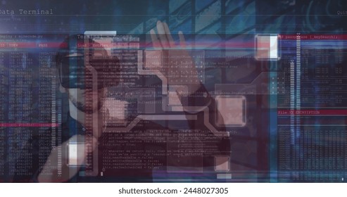 Image of data processing over caucasian man using vr headset. global business and digital interface concept digitally generated image.