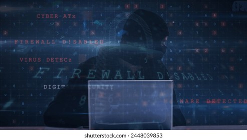 Image of data processing over caucasian male hacker. global business and digital interface concept digitally generated image.