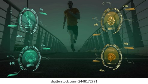 Image of data processing over caucasian man running. Global sports, science, computing, digital interface and data processing concept digitally generated image. - Powered by Shutterstock